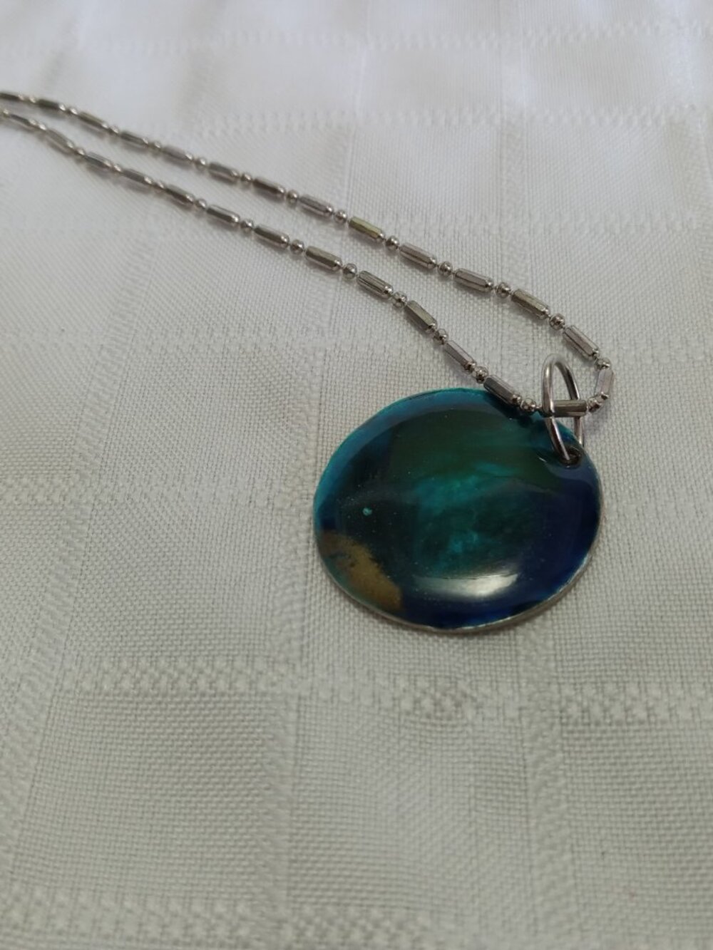 Signed Chico's vintage Iridescent Peacock Teal Enamel Statement Necklace